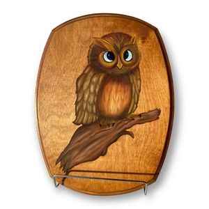 Estate Sale Item Handmade Painted Owl on Wood MCM Boho Home Decor